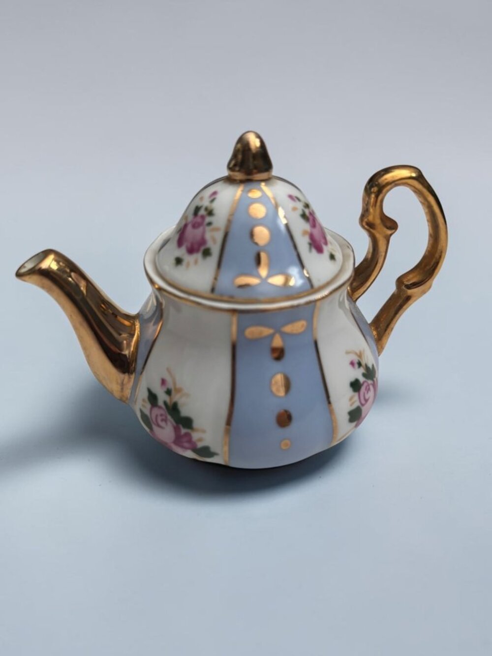 Vintage Miniature Porcelain Teapot With Gold Gilding & Floral Design Blue & Whit